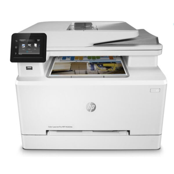 HP Imprimante laser couleur M283fdn avec connectivité Ethernet et USB 2.0, affichée dans un environnement de bureau moderne.