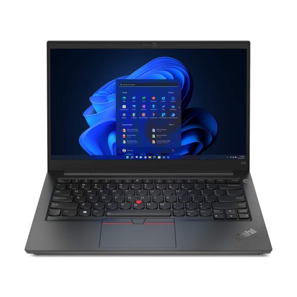 Ordinateur portable Lenovo ThinkPad E14 Gen 5 avec écran ouvert affichant un fond professionnel.