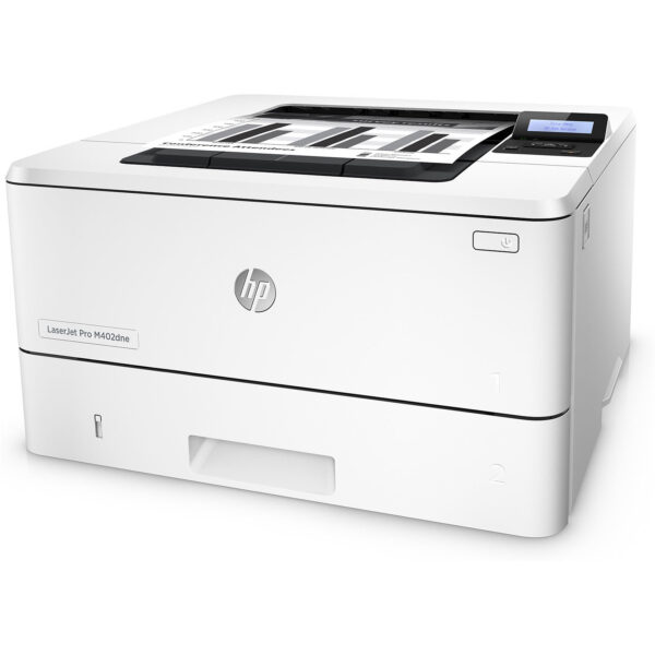 Gros plan du bac à papier de la HP LaserJet Pro M402dne montrant sa capacité impressionnante.