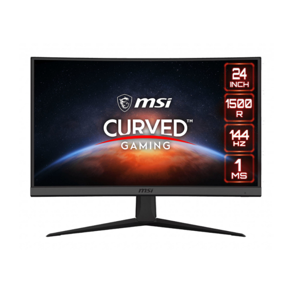 Moniteur MSI 24 Pouces incurvé 144Hz OPTIX G24C6 sur un bureau moderne, avec des couleurs éclatantes.