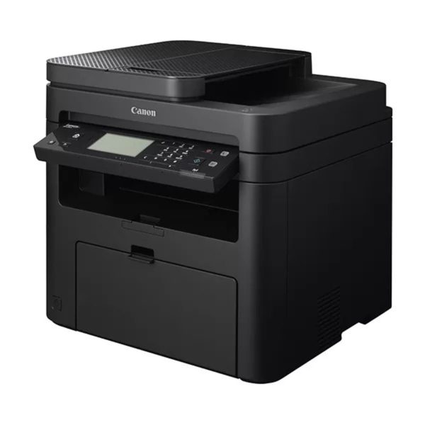 Imprimante multifonction laser monochrome Canon MF237W, avec écran tactile et connexion sans fil, utilisée dans un environnement de bureau.