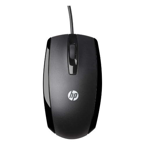 Vue rapprochée de la HP Souris Filaire X500 avec câble noir et design ergonomique.