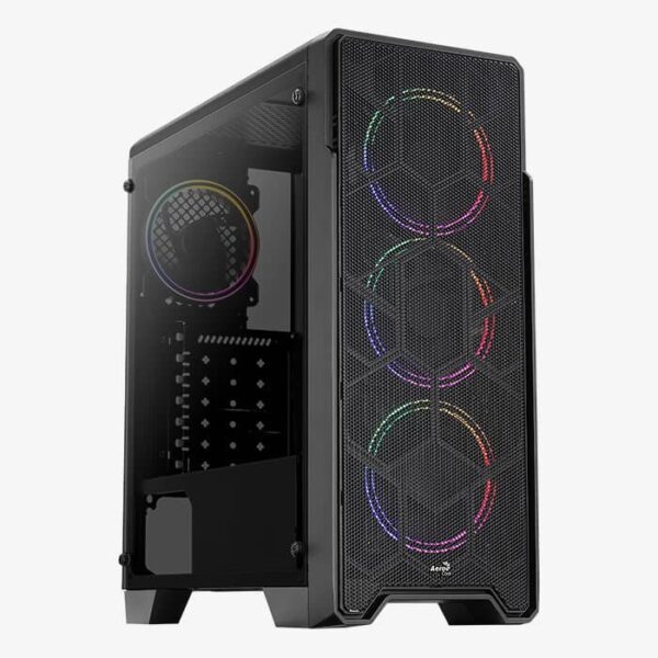 Vue avant du boîtier AEROCOOL ORE SATURN FRGB avec éclairage RGB activé