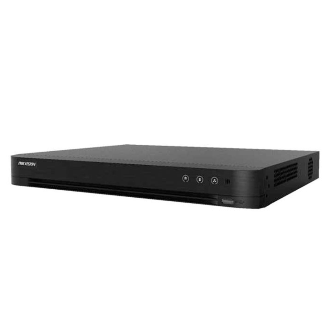 Vue avant du DVR HIKVISION IDS-7204HQHI-M1/E(E) avec ses ports de connexion.