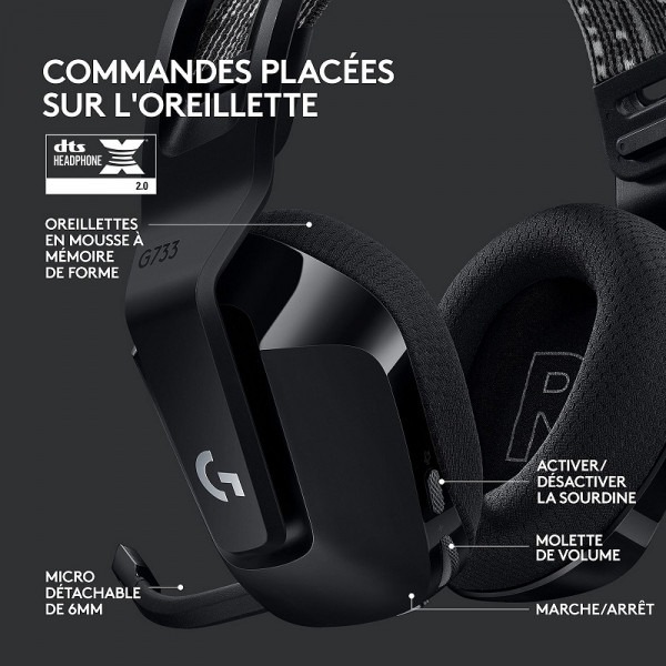 Casque gaming Logitech G733 Lightspeed avec coussinets confortables