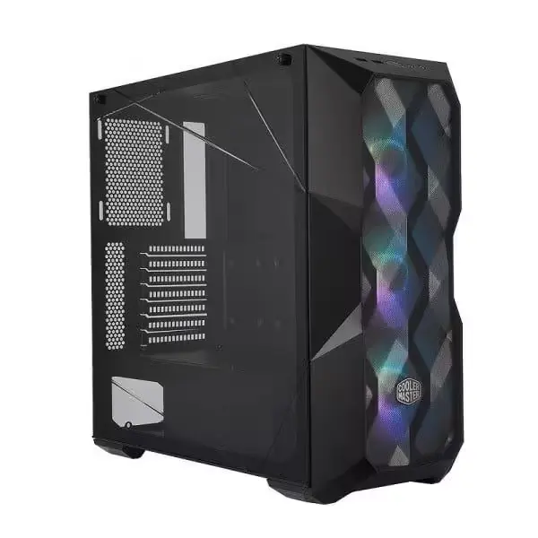 Workstation AMD Ryzen 5 5600X avec boîtier RGB et composants haute performance.