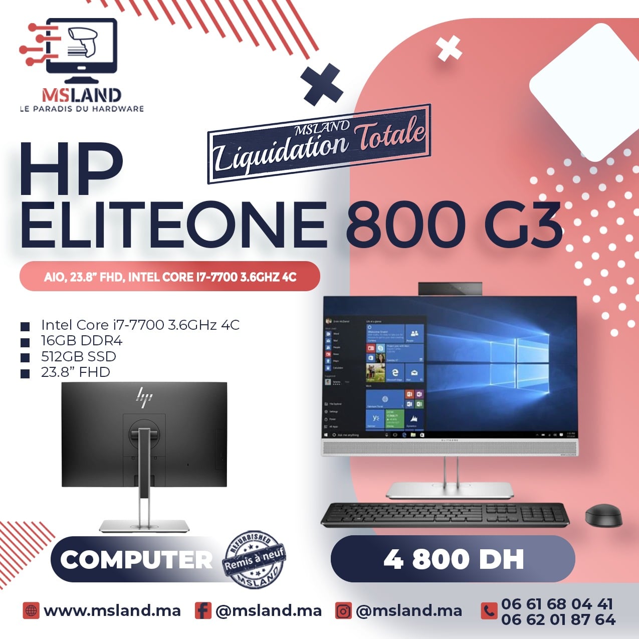 PC HP Core i7 16Go 512SSD Windows 10 Pro 64 Ecran 22