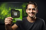 An enthusiastic person who loves computer games and holds an nvidia quadro k2000 graphics card in his hand