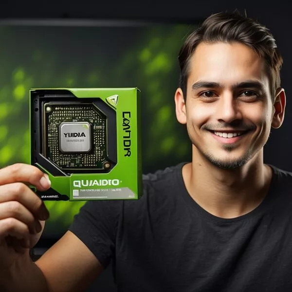 An enthusiastic person who loves computer games and holds an nvidia quadro k2000 graphics card in his hand