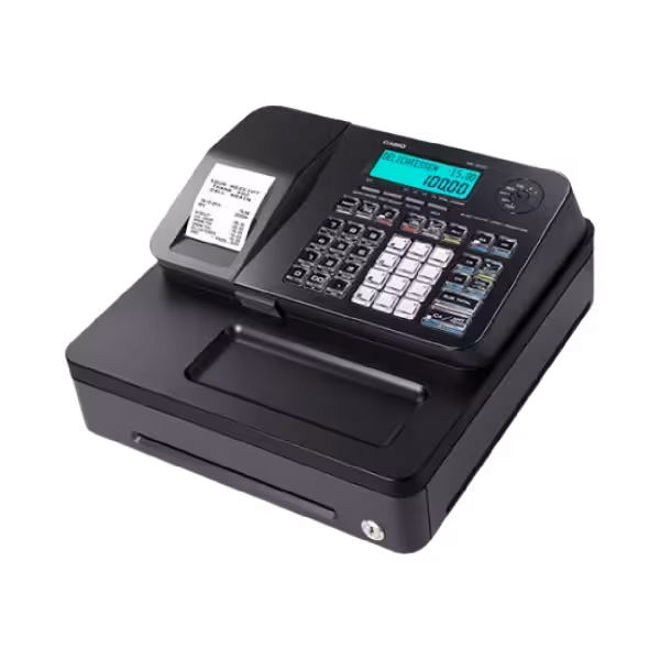 Caisse enregistreuse Casio SE-S100 vue de face avec écran LCD et tiroir intégré.