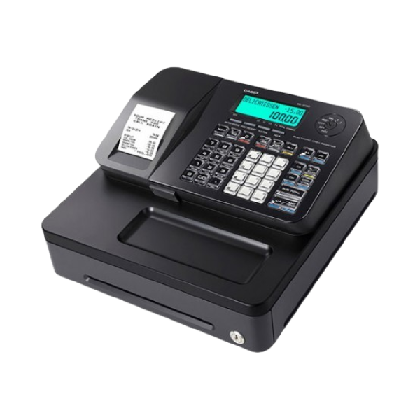 Caisse enregistreuse Casio SE-S100 vue de face avec écran LCD et tiroir intégré.