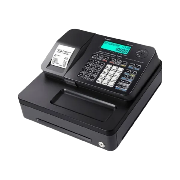 Caisse enregistreuse Casio SE-S100 vue de face avec écran LCD et tiroir intégré.