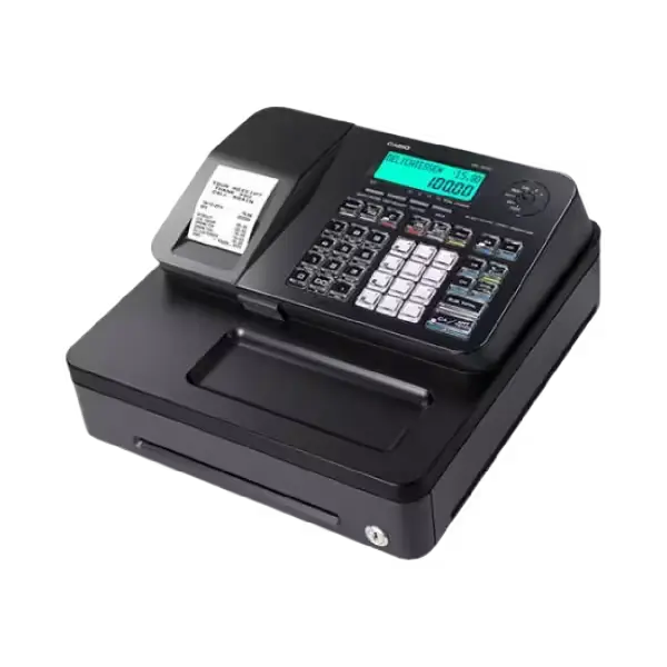 Caisse enregistreuse Casio SE-S100 vue de face avec écran LCD et tiroir intégré.