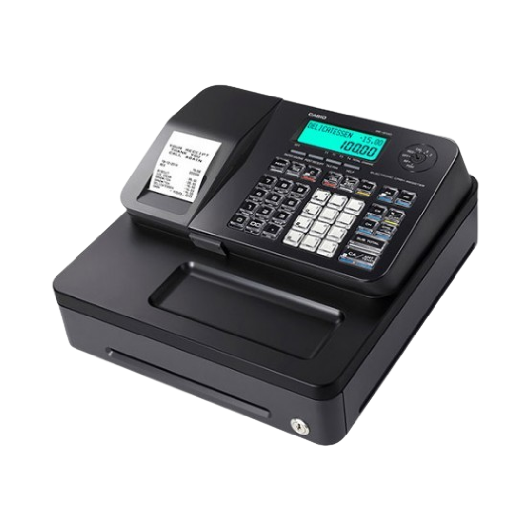 Caisse enregistreuse Casio SE-S100 vue de face avec écran LCD et tiroir intégré.
