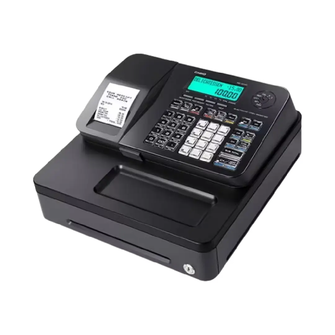 Caisse enregistreuse Casio SE-S100 vue de face avec écran LCD et tiroir intégré.