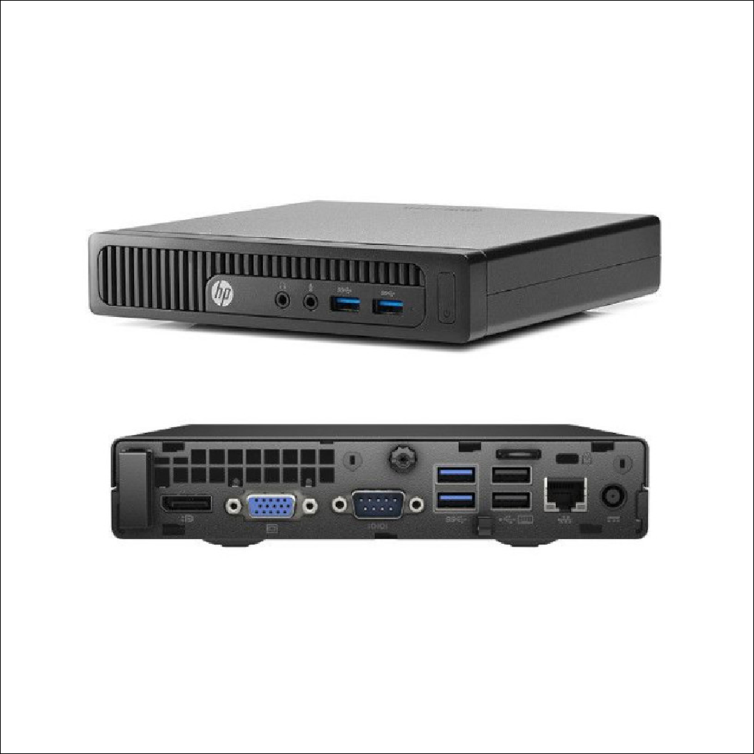 Front view of HP ProDesk 600 G2 mini PC showing compact design.