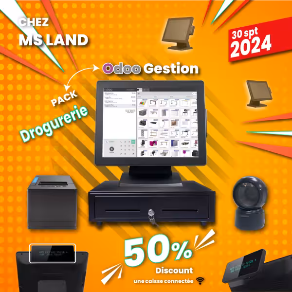 Pack complet Caisse Enregistreuse Tactile Droguerie avec écran 15 pouces, processeur Intel i3, 4GB RAM et 128GB SSD, utilisé dans une droguerie avec gestion Odoo et cloud.