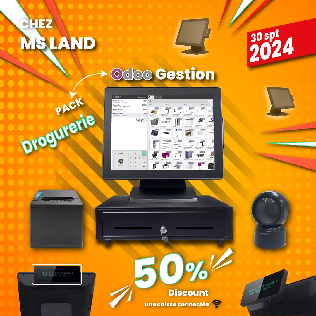 Caisse Enregistreuse Tactile Droguerie - Gestion Performante avec Odoo et Cloud Pack complet Caisse Enregistreuse Tactile Droguerie avec écran 15 pouces, processeur Intel i3, 4GB RAM et 128GB SSD, utilisé dans une droguerie avec gestion Odoo et cloud.