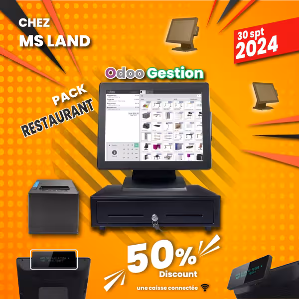 Pack complet de gestion restaurant comprenant un écran tactile 15 pouces, un tiroir automatique et une imprimante thermique.