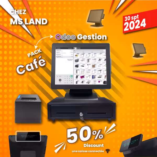 Pack complet de gestion café comprenant un écran tactile 15 pouces, un tiroir automatique et une imprimante thermique.