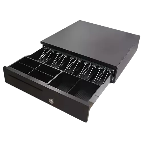 Tiroir-caisse sécurisé avec compartiments pour billets et pièces, utilisé dans une Caisse Enregistreuse Tactile Droguerie.