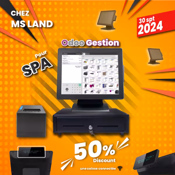 Pack complet de gestion SPA comprenant un écran tactile 15 pouces, un tiroir automatique et une imprimante thermique.