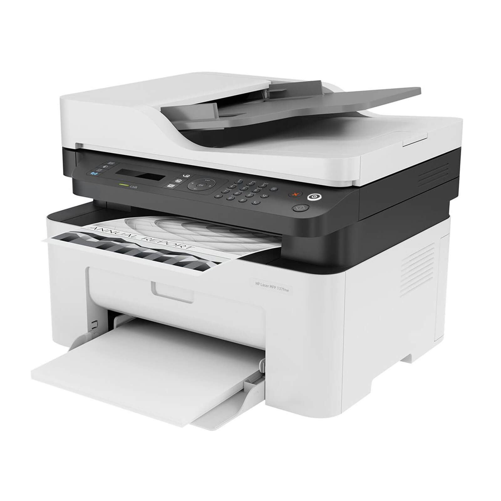 Vue complète de l’imprimante HP 137fnw LaserJet Pro avec ses fonctions multifonctions : impression, copie, numérisation et télécopie