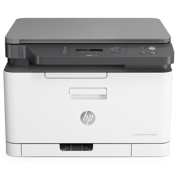 Vue complète de l’imprimante HP Laser Color MFP 178nw posée sur un bureau