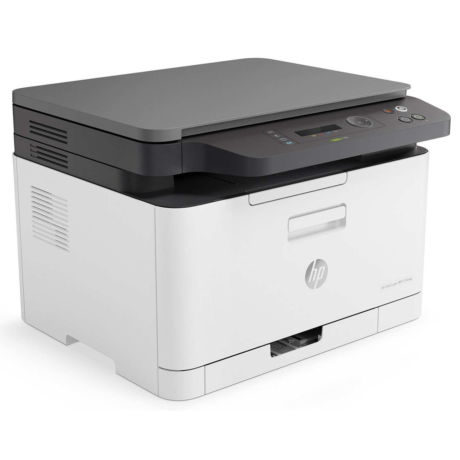 Vue complète de l’imprimante HP Laser Color MFP 178nw posée sur un bureau