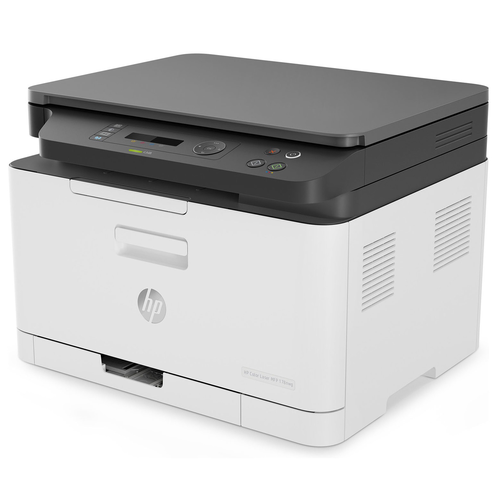 Vue complète de l’imprimante HP Laser Color MFP 178nw posée sur un bureau