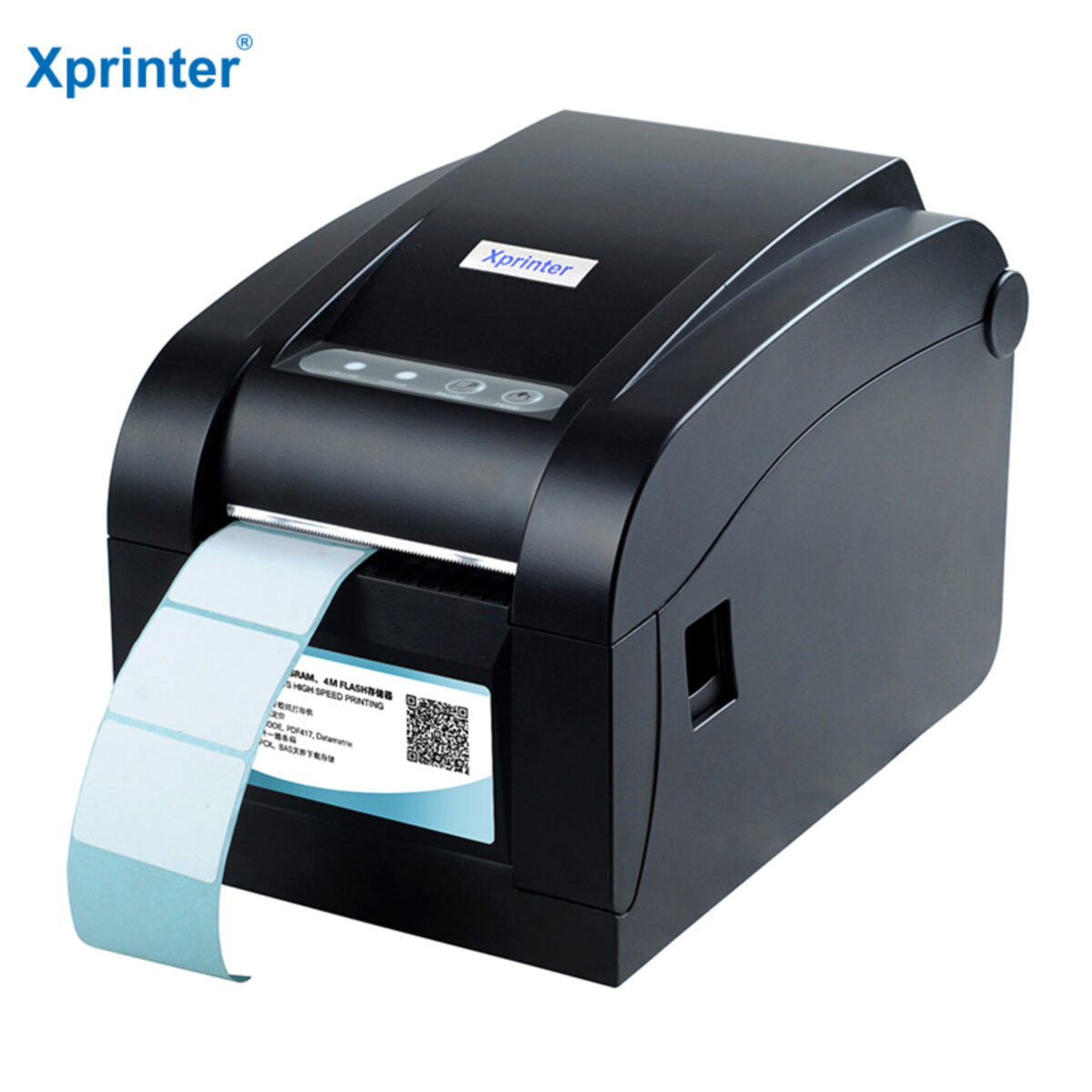 Imprimante thermique Xprinter XP-350BM noire, compacte et rapide, idéale pour la gestion des codes-barres.