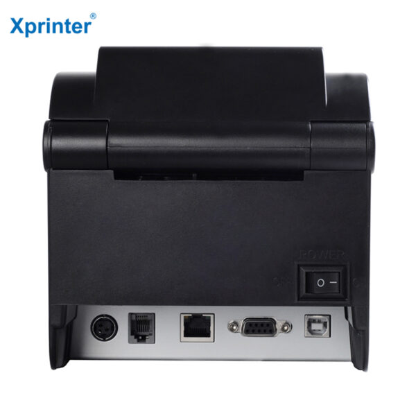 Imprimante thermique Xprinter XP-350BM noire, compacte et rapide, idéale pour la gestion des codes-barres.