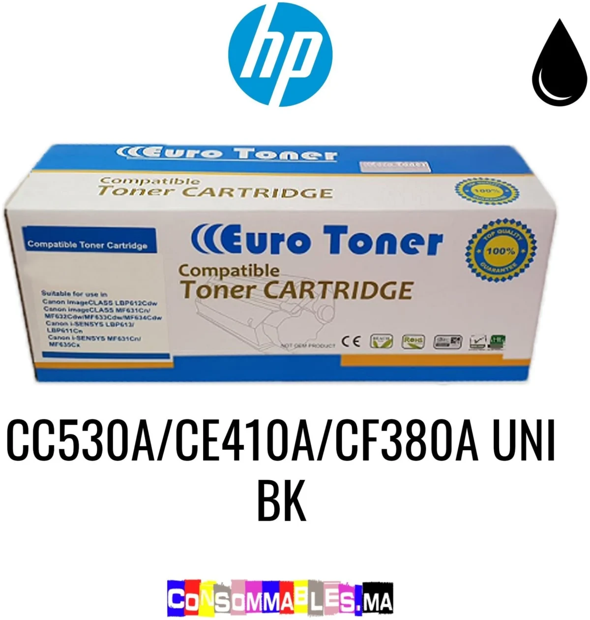 Cartouche de toner compatible HP EURO CC530A/CE410A/CF380A vue de face