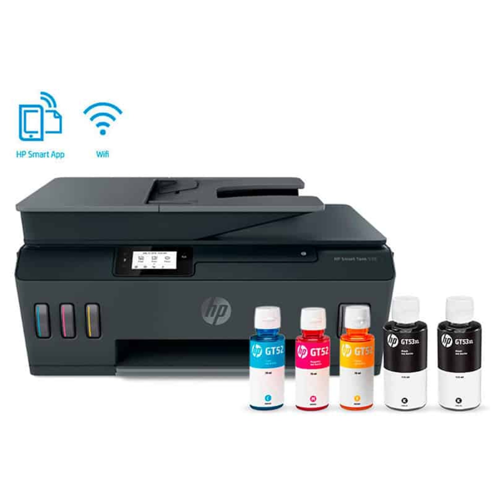 Imprimante HP Smart Tank 530 multifonction à réservoirs rechargeables, vue frontale avec design moderne et écran intégré.