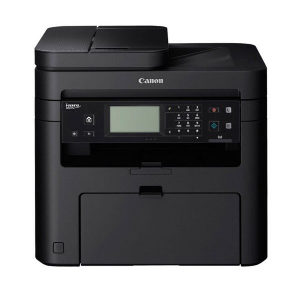 Imprimante multifonction laser monochrome Canon MF237W, avec écran tactile et connexion sans fil, utilisée dans un environnement de bureau.