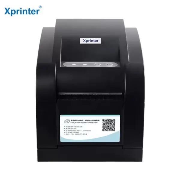 Imprimante etiquette thermique Xprinter XP-350BM noire, compacte et rapide, idéale pour la gestion des codes-barres.