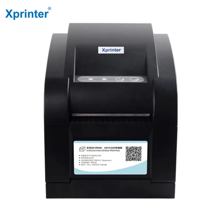 Imprimante etiquette thermique Xprinter XP-350BM noire, compacte et rapide, idéale pour la gestion des codes-barres.