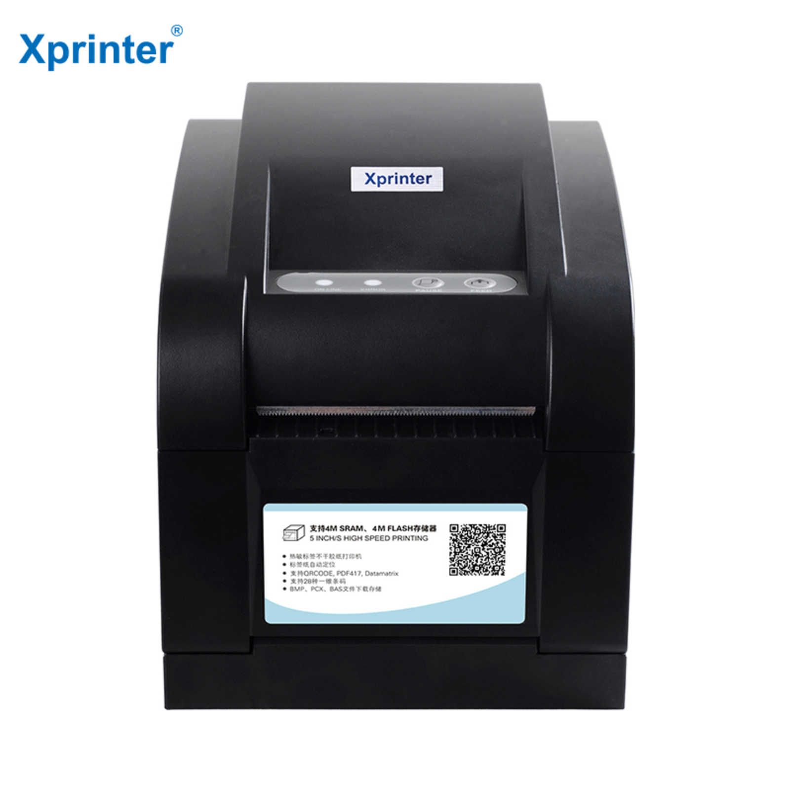 Imprimante thermique Xprinter XP-350BM noire, compacte et rapide, idéale pour la gestion des codes-barres.