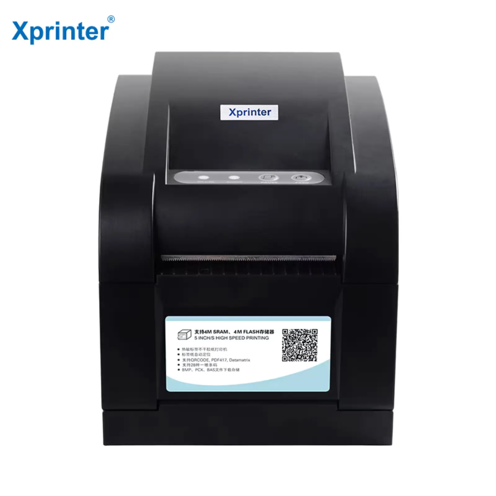 Imprimante etiquette thermique Xprinter XP-350BM noire, compacte et rapide, idéale pour la gestion des codes-barres.