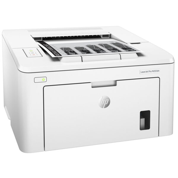 Vue de face de l’imprimante HP LaserJet Pro M203dn avec ses fonctionnalités réseau.