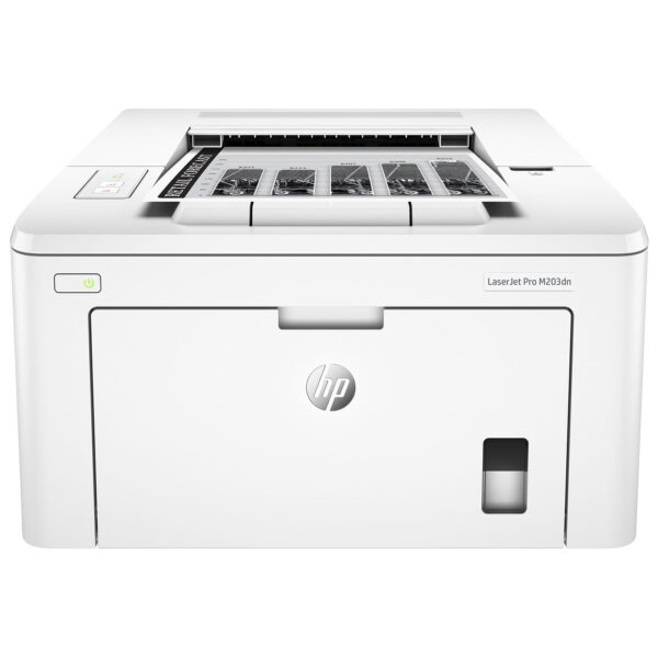 Vue de face de l’imprimante HP LaserJet Pro M203dn avec ses fonctionnalités réseau.