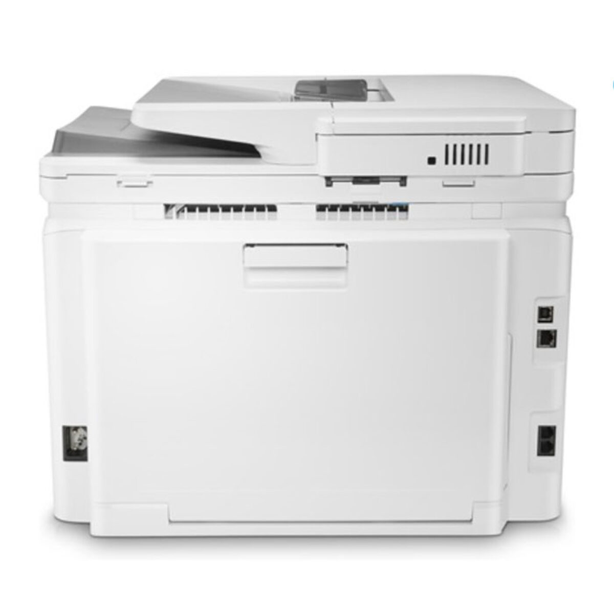 HP Imprimante laser couleur M283fdn avec connectivité Ethernet et USB 2.0, affichée dans un environnement de bureau moderne.