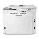 HP Imprimante laser couleur M283fdn avec connectivité Ethernet et USB 2.0, affichée dans un environnement de bureau moderne.