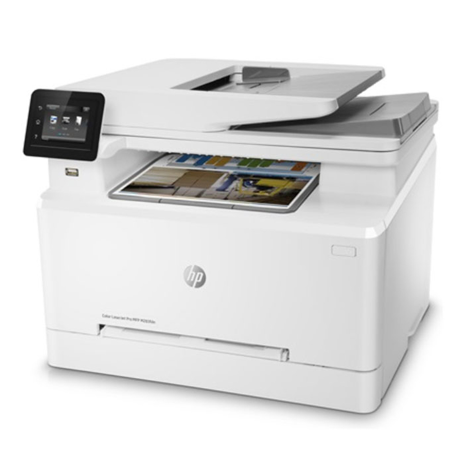 HP Imprimante laser couleur M283fdn avec connectivité Ethernet et USB 2.0, affichée dans un environnement de bureau moderne.