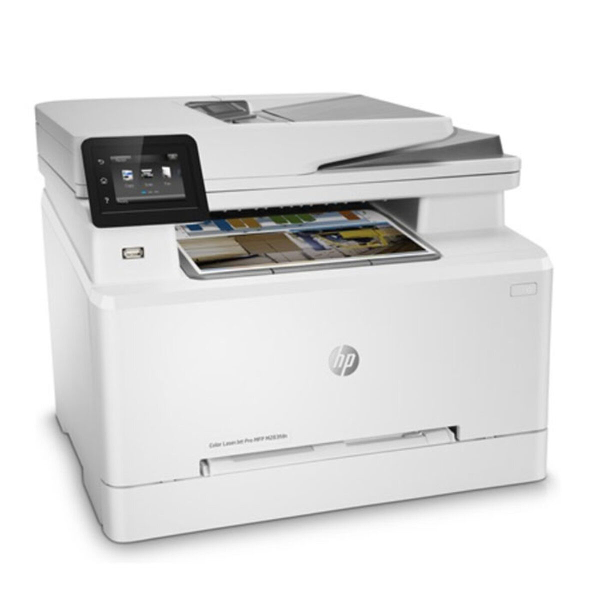 HP Imprimante laser couleur M283fdn avec connectivité Ethernet et USB 2.0, affichée dans un environnement de bureau moderne.