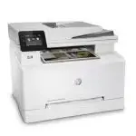 HP Imprimante laser couleur M283fdn avec connectivité Ethernet et USB 2.0, affichée dans un environnement de bureau moderne.