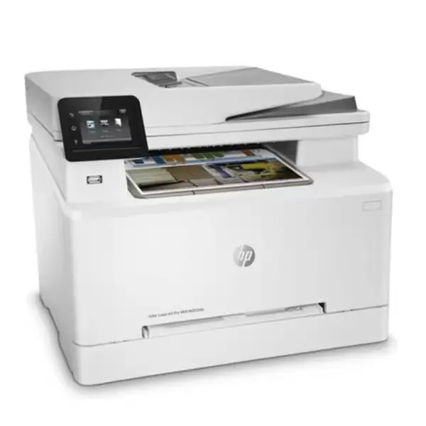 HP Imprimante laser couleur M283fdn avec connectivité Ethernet et USB 2.0, affichée dans un environnement de bureau moderne.