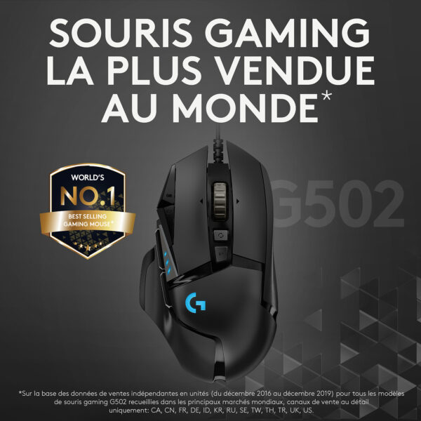 Logitech souris filaire G502 Hero, capteur optique 25 600 DPI pour gamer droitier