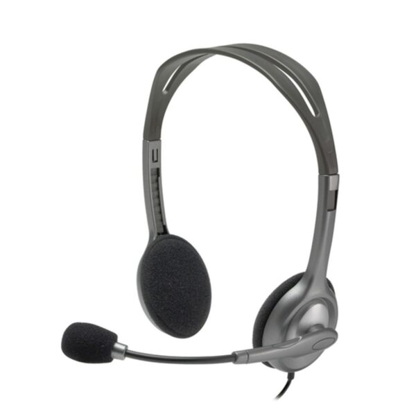 Casque Logitech H111 gris avec arceau réglable et microphone omnidirectionnel.