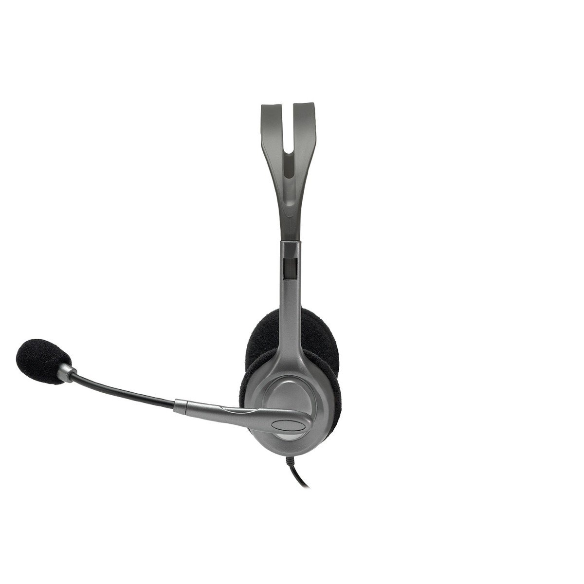 Casque Logitech H110 noir et argent avec coussinets confortables et microphone flexible.